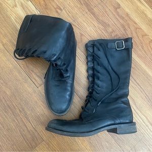 Vintage Genuine Black Soft Leather Lace Up Boots Mid Calf - 37